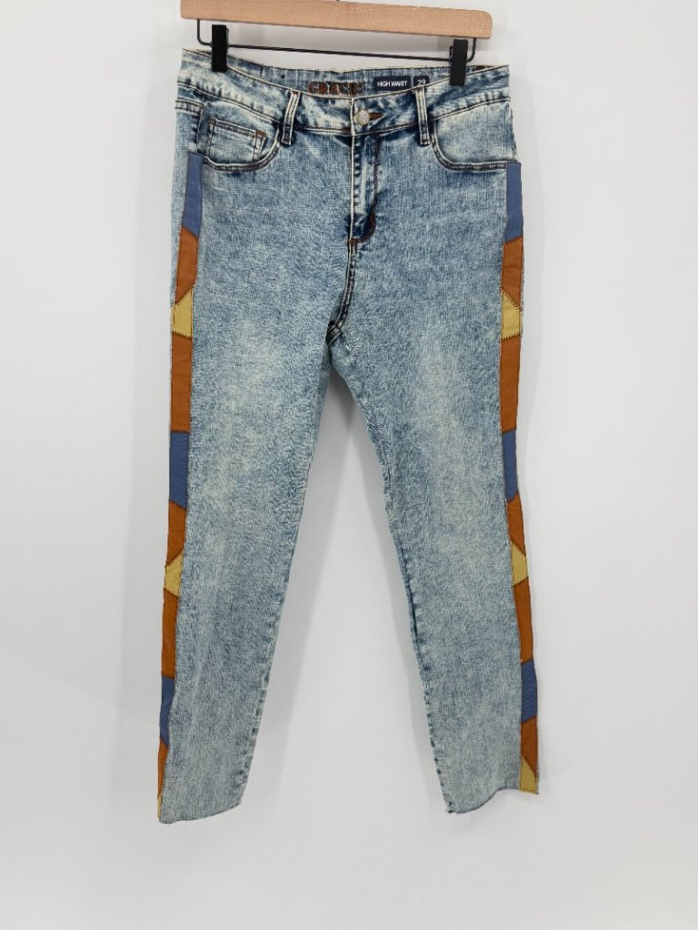 Grace in LA Womens 29 High Waist Acid Wash Side Stripe Patchwork Skinny Jeans - Picture 3 of 9